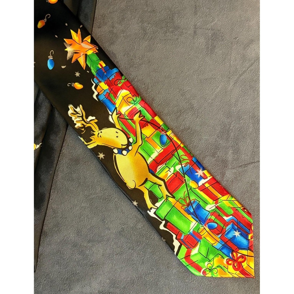 J. Garcia Christmas Necktie Reindeer Presents Novelty Black 62" Vintage